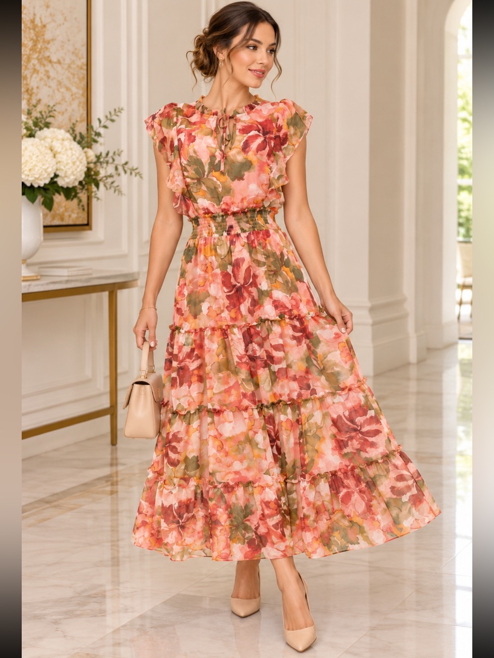 Tamara H Floral Maxi Dress Women’s Size 1G – Ruffled Tiered Dress with Smocked W